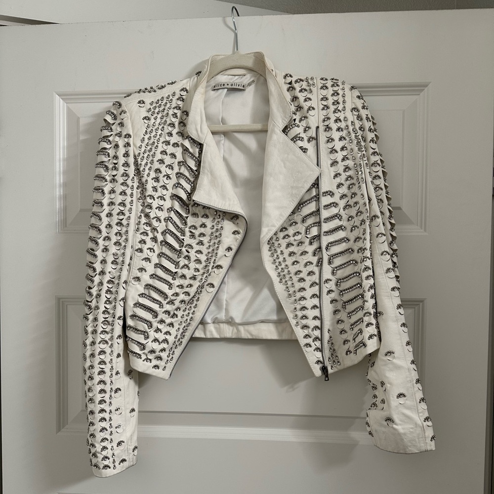 Alice and Olivia Embellished Leather Jacket In White